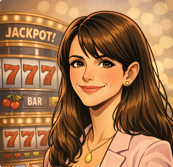 Kvinna som står framför en slot som är i rosa och som tilltalar kvinnor som spelar på casino.